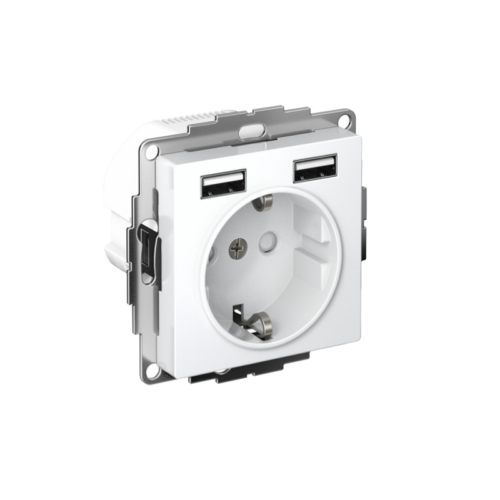 Розетка 1-м СП AtlasDesign 16А IP20 с 2-мя заряд. устройствами USB тип A+A 5В/2.4А 2х5В/1.2А механизм бел.