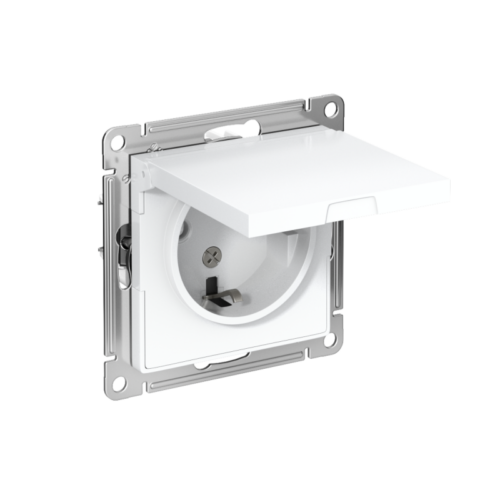 Розетка 1-м СП AtlasDesign 16А IP20 с заземл. защ. шторки с крышкой механизм бел.