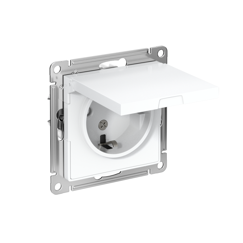 Розетка 1-м СП AtlasDesign 16А IP20 с заземл. защ. шторки с крышкой механизм бел.