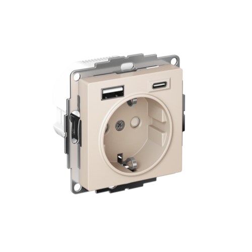 Розетка AtlasDesign 16А с 2-мя заряд. устройствами USB тип A+C 5В/2.4А 2х5В/1.2А механизм беж.