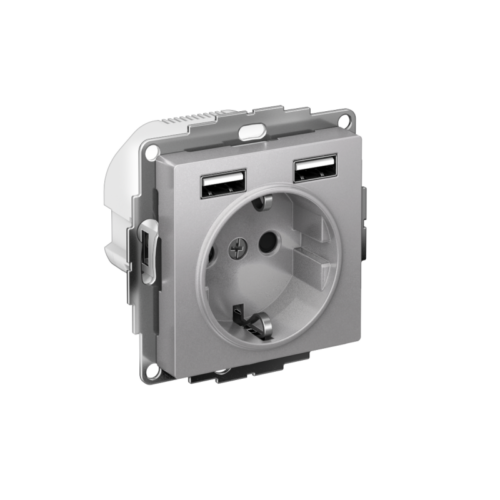 Розетка 1-м СП AtlasDesign 16А IP20 с 2-мя заряд. устройствами USB тип A+A 5В/2.4А 2х5В/1.2А механизм алюм.