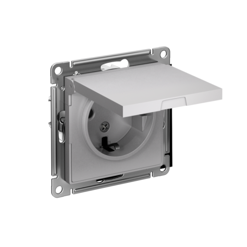 Розетка 1-м СП AtlasDesign 16А IP20 с заземл. защ. шторки с крышкой механизм алюм.
