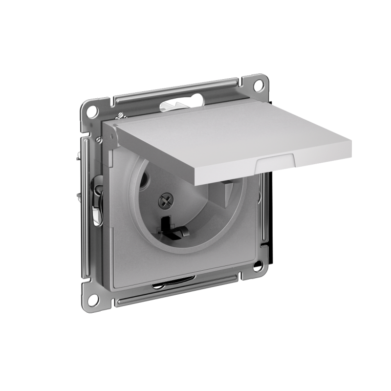 Розетка 1-м СП AtlasDesign 16А IP20 с заземл. защ. шторки с крышкой механизм алюм.