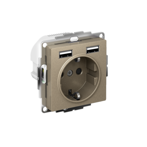 Розетка 1-м СП AtlasDesign 16А IP20 с 2-мя заряд. устройствами USB тип A+A 5В/2.4А 2х5В/1.2А механизм шампань