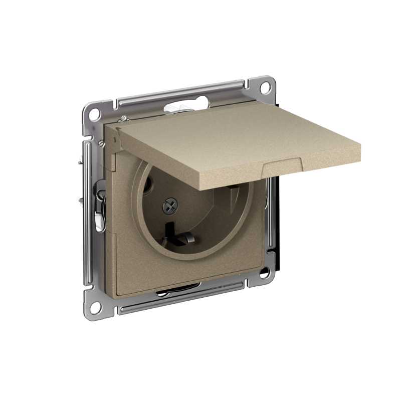 Розетка 1-м СП AtlasDesign 16А IP20 с заземл. защ. шторки с крышкой механизм шампань