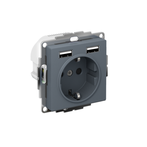 Розетка 1-м СП AtlasDesign 16А IP20 с 2-мя заряд. устройствами USB тип A+A 5В/2.4А 2х5В/1.2А механизм грифель