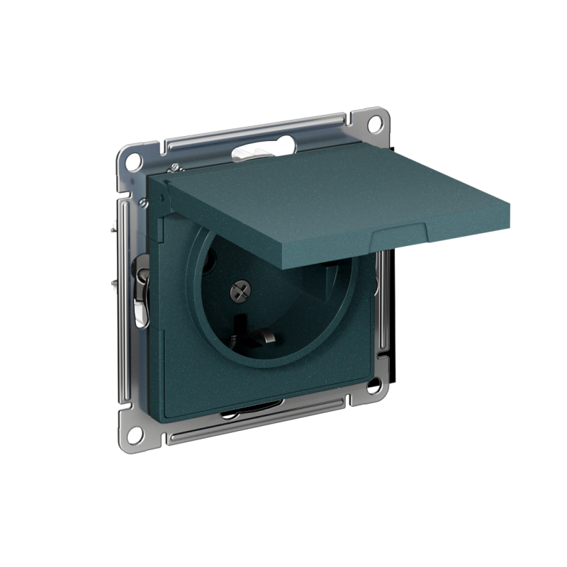 Розетка 1-м СП AtlasDesign 16А IP20 с заземл. защ. шторки с крышкой механизм изумруд — изображение 2