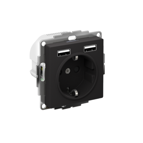 Розетка 1-м СП AtlasDesign 16А IP20 с 2-мя заряд. устройствами USB тип A+A 5В/2.4А 2х5В/1.2А механизм карбон