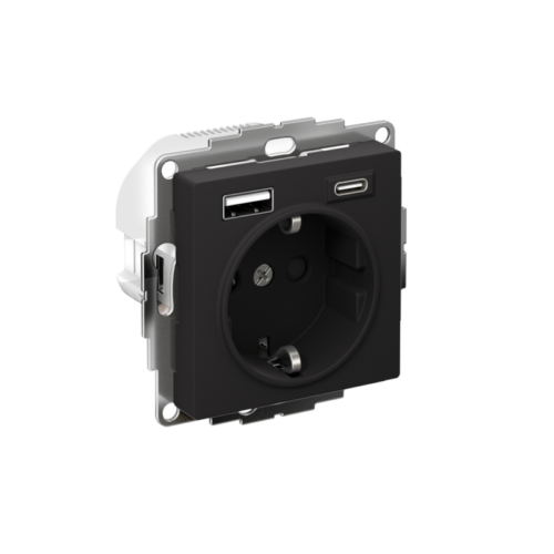 Розетка AtlasDesign 16А с 2-мя заряд. устройствами USB тип A+C 5В/2.4А 2х5В/1.2А механизм карбон