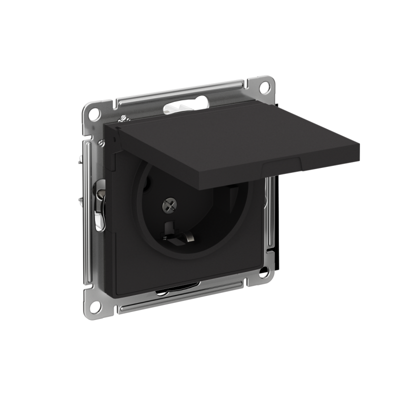 Розетка 1-м СП AtlasDesign 16А IP20 с заземл. защ. шторки с крышкой механизм карбон