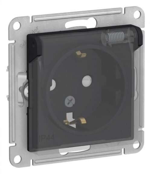 Розетка 1-м СП AtlasDesign Aqua 16А IP44 с заземл. защ. шторки с прозр. крышкой механизм карбон