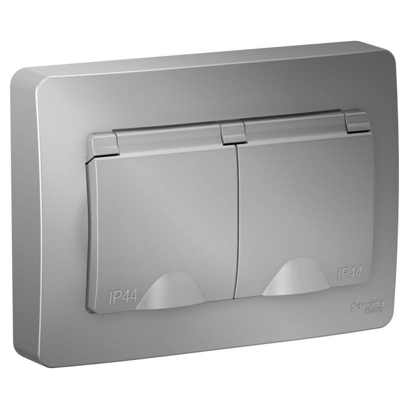 Розетка 2-м СП Blanca 16А IP44 250В с заземл. защ. шторки с крышкой алюм.