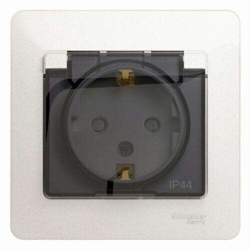 Розетка 1-м СП Glossa 16А IP44 с заземл. защ. шторки с крышкой в сборе перламутр.