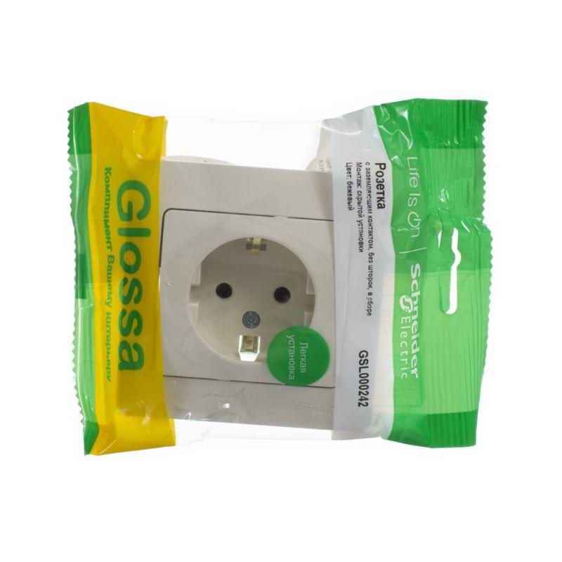 Розетка 1-м СП Glossa 16А IP20 с заземл. в сборе беж. SE