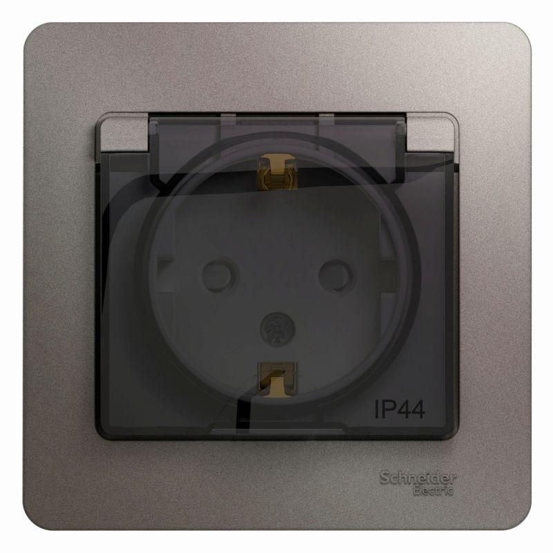 Розетка 1-м СП Glossa 16А IP44 250В с заземл. защ. шторки с крышкой в сборе платина SE