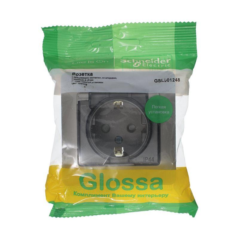 Розетка 1-м СП Glossa 16А IP44 250В с заземл. защ. шторки с крышкой в сборе платина SE — изображение 2