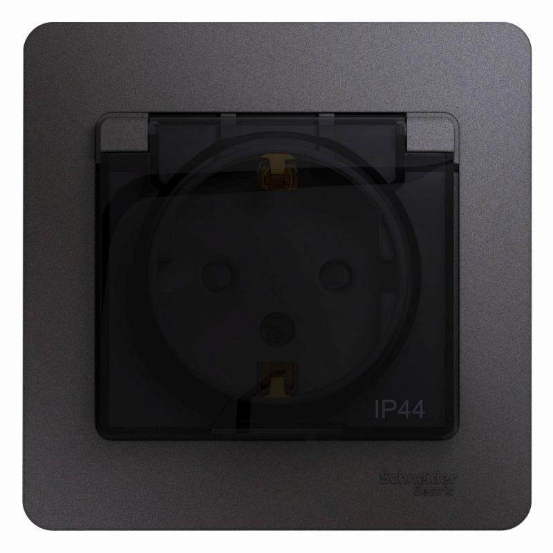 Розетка 1-м СП Glossa 16А IP44 250В с заземл. защ. шторки с крышкой в сборе графит SE